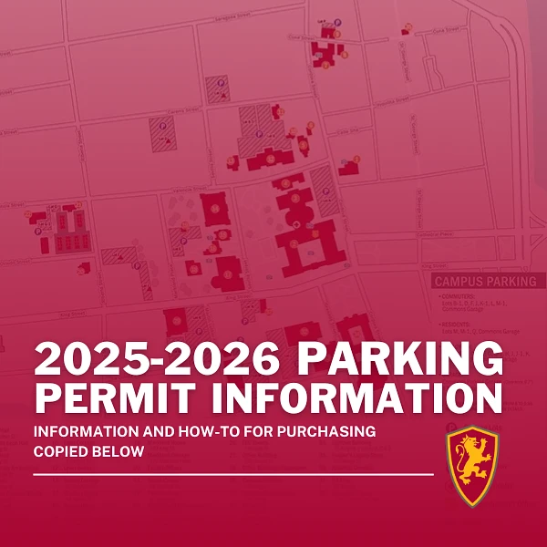 The image displays information about parking permits for the 2025-2026 period set against a campus map background.